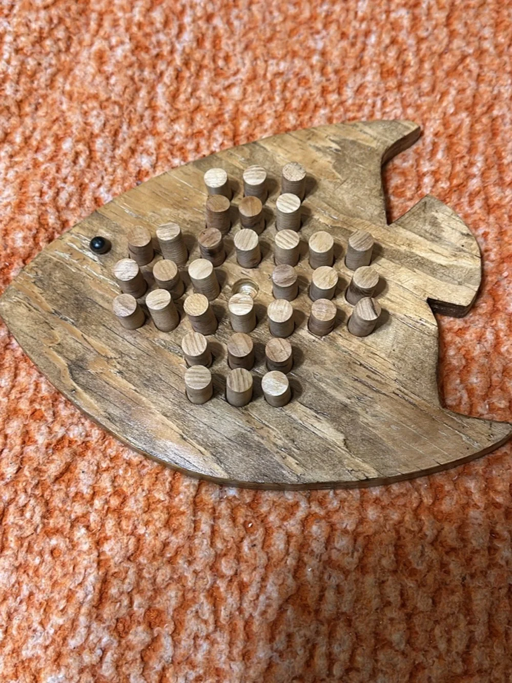 Handmade Wooden Fish Solitaire Peg Board Game with Magnetic Box Lid